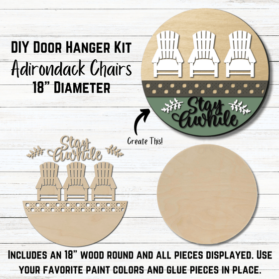 Outdoor-themed Adirondack chairs door hanger kit in birch plywood for DIY crafting.