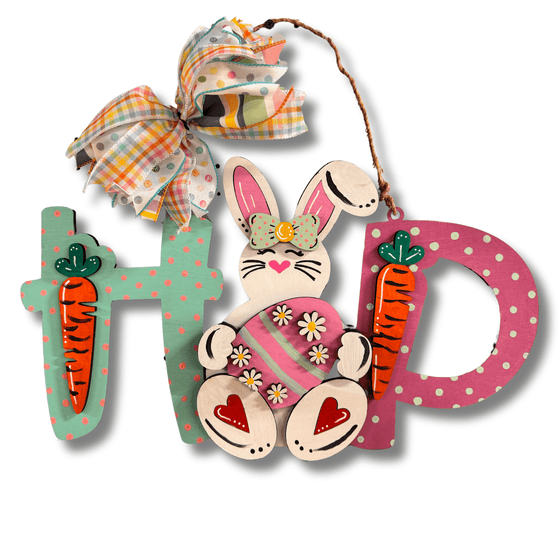 Hop Bunny DIY Door Hanger Kit - 18 inch wooden craft unpainted for Easter and spring decor.
