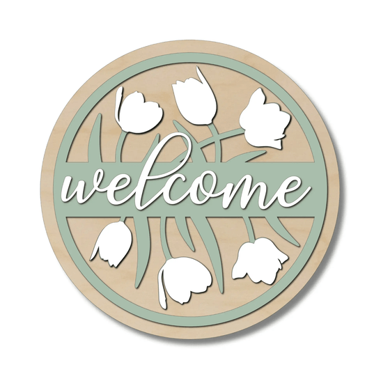 Welcome Flowers DIY Door Hanger Kit - 18 inch round wooden craft unpainted, ready for a personalized floral welcoming entrance.